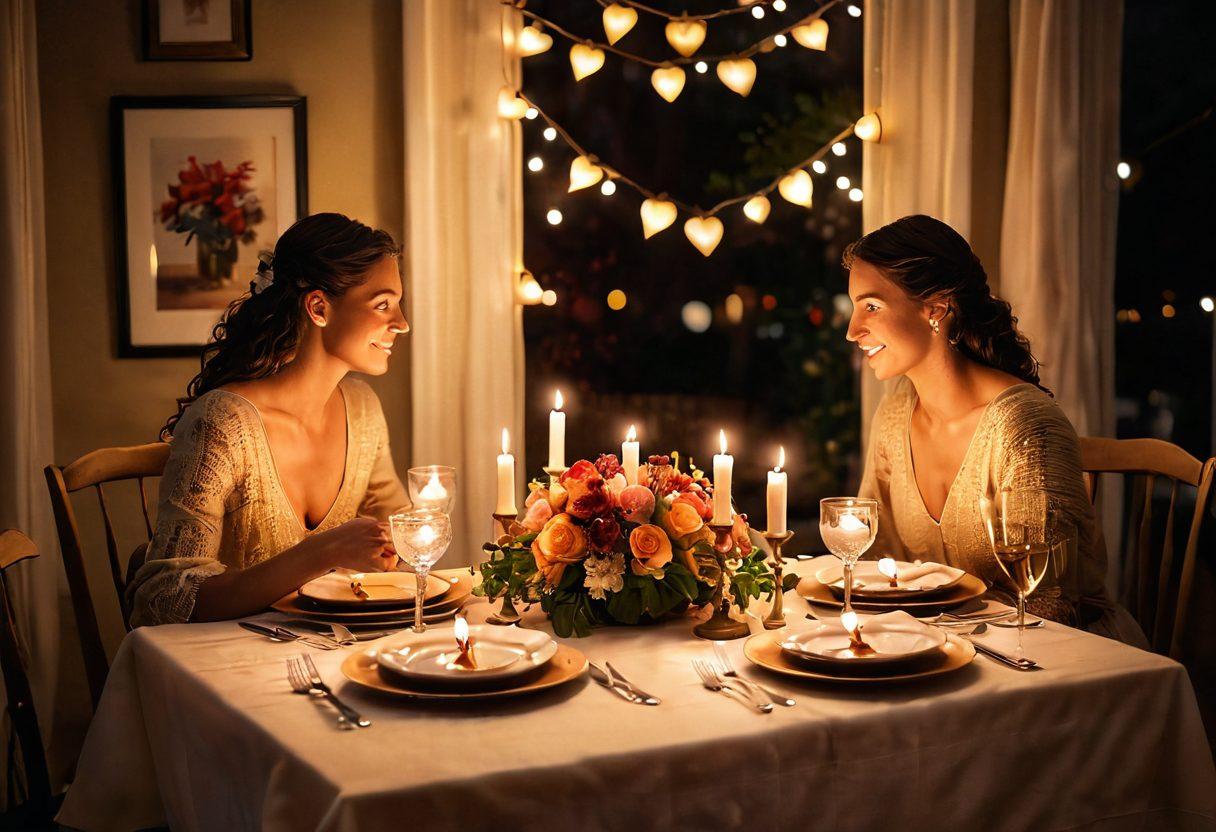 A cozy candlelit dinner setting, with two plates of gourmet food, soft romantic lighting highlighting a loving couple engaged in deep conversation, surrounded by heart-shaped decorations and soft floral arrangements, symbolizing love and connection. super-realistic. warm colors. intimate atmosphere.