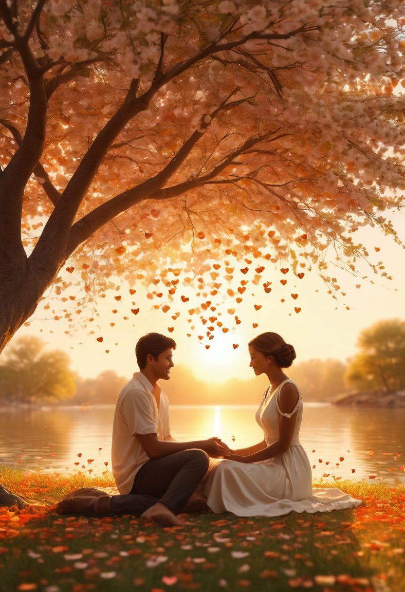 A serene couple sitting together under a blossoming tree, sharing a heartfelt conversation with soft smiles, surrounded by floating heart-shaped leaves symbolizing love and growth. In the background, a sunset casts warm golden hues, creating a romantic atmosphere. Include subtle symbols of connection, like intertwined hands or glowing hearts. soft focus. vibrant colors. 3D.