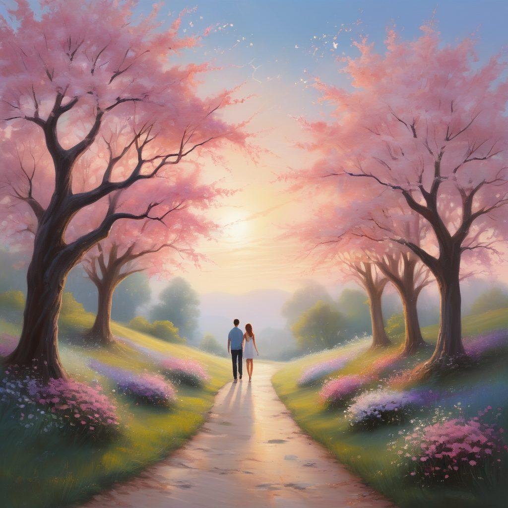 A serene landscape depicting a winding path that transitions from a casual dating scene at one end to a warm and intimate soulmate connection at the other, symbolized by two figures holding hands under a blooming tree. Soft pastel colors enhance the feeling of affection, with wisps of light representing the journey of love. Ethereal elements like hearts and stars subtly float in the background, adding a magical touch to the scene. painting. vibrant colors.